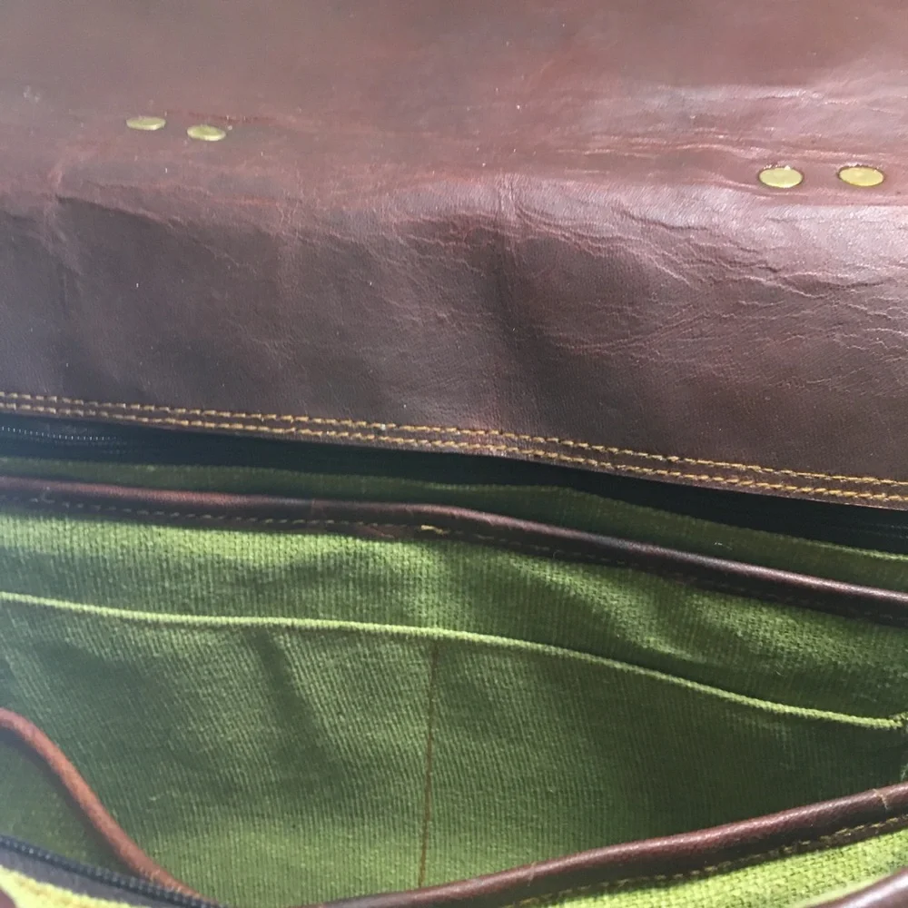 Vtg Waxed Leather Brown School Messenger Briefcase Shoulder Bag Computer Laptop